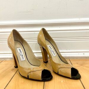 Jimmy Choo Beige Patent Peep-Toe Heels
